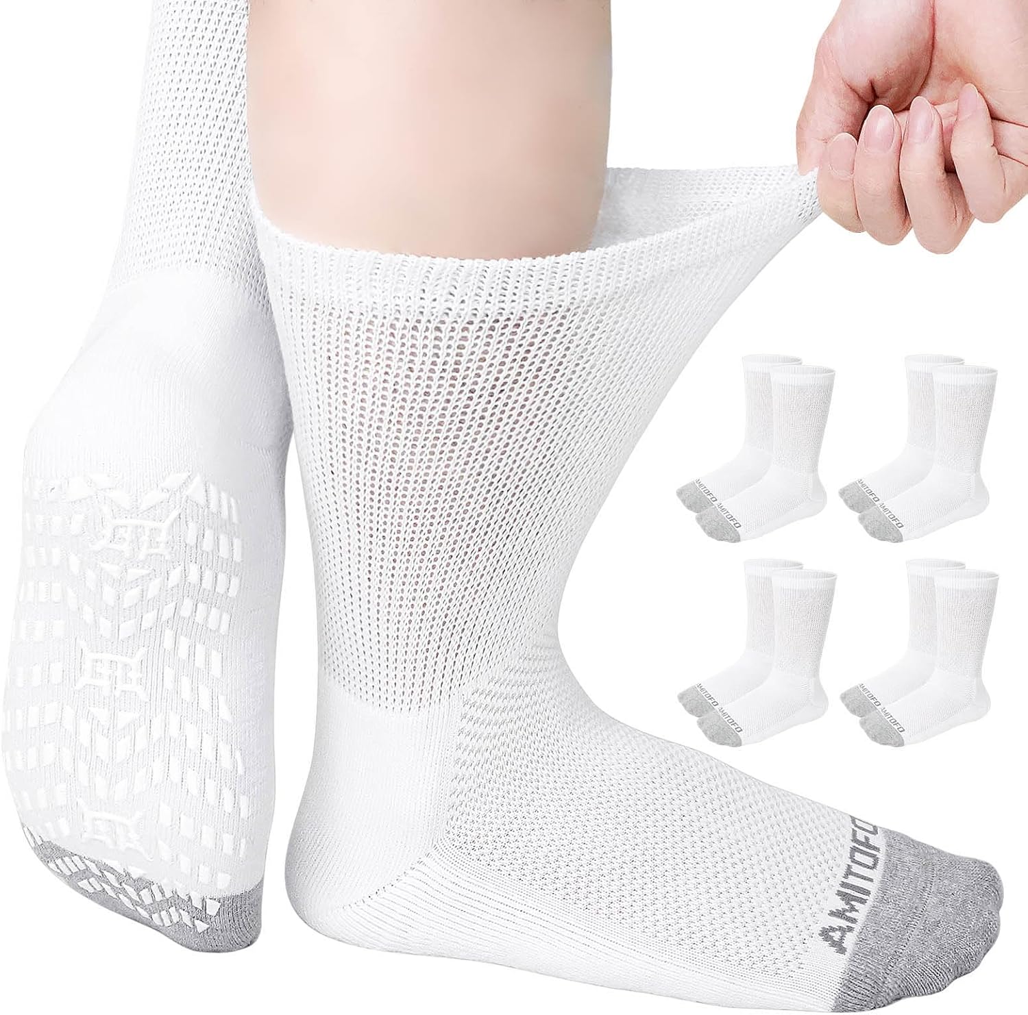 CaiDieNu Non Slip Diabetic Socks: 4 Pairs Non Binding Hospital Socks for Men Women with Grips Elderly Edema 9-15