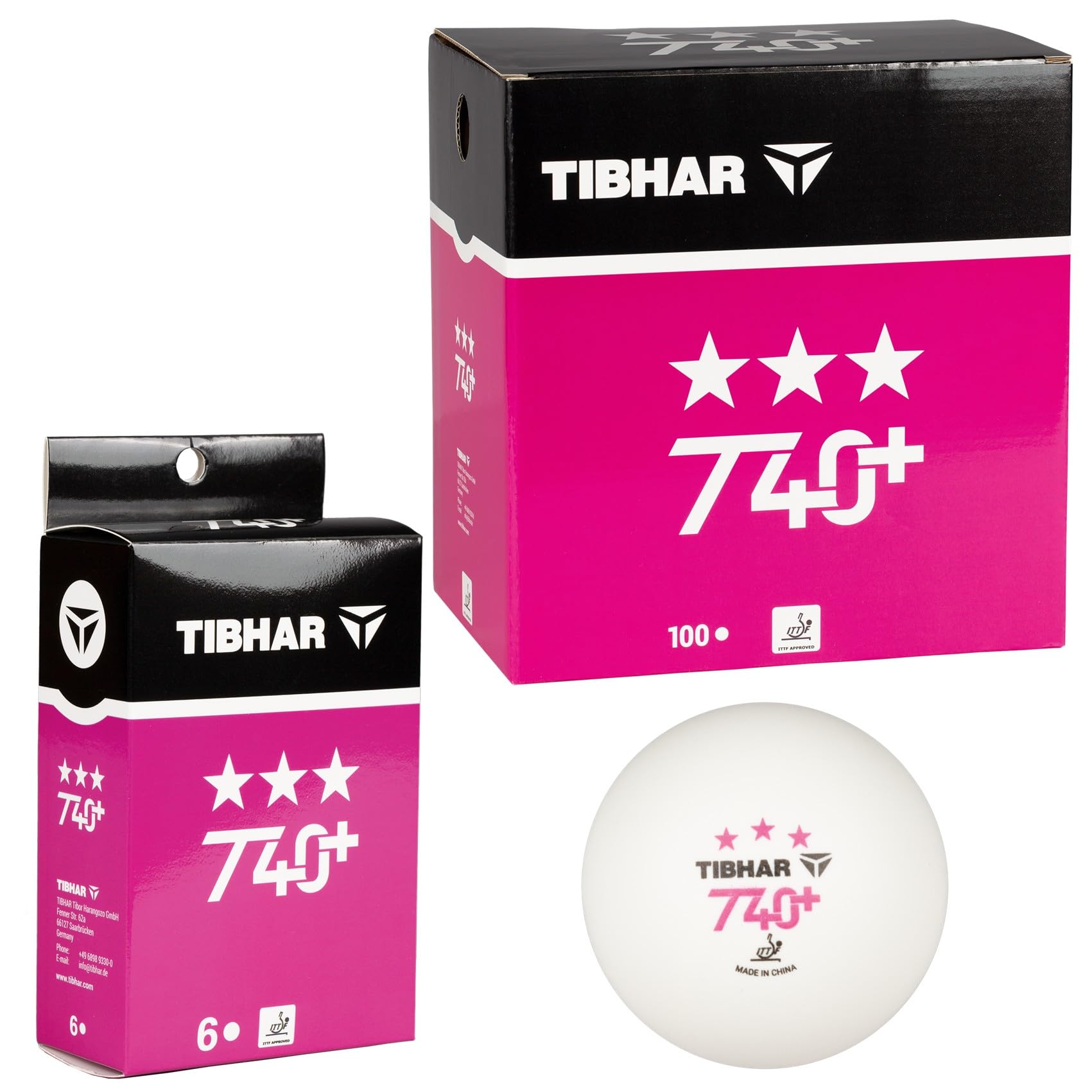 Tibhar Pelotas de tenis de mesa T40+ *** 3 estrellas | Aprobación ITTF para juegos de puntos y competiciones oficiales | 6 o 100 unidades | Calidad única de plástico ABS