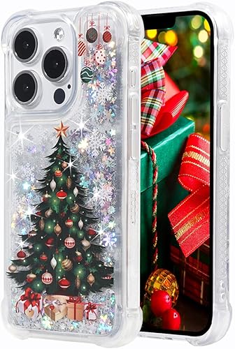 Funda de Navidad con purpurina compatible con iPhone 15 Pro, con purpurina, árbol de Navidad, transparente, suave, TPU femenino, bonita funda