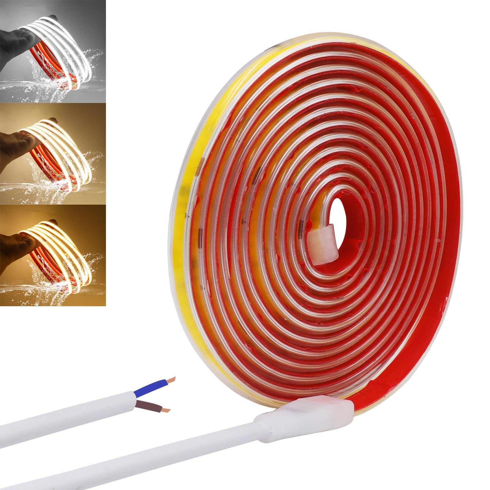 Tira LED COB 220V [20M, Blanco Cálido 3000-3500K],IP65 impermeable flexible,240 LEDs/m Tira LED FCOB CRI85+,cortable cada 10cm,Decoración para el hogar - Sin fuente de alimentación