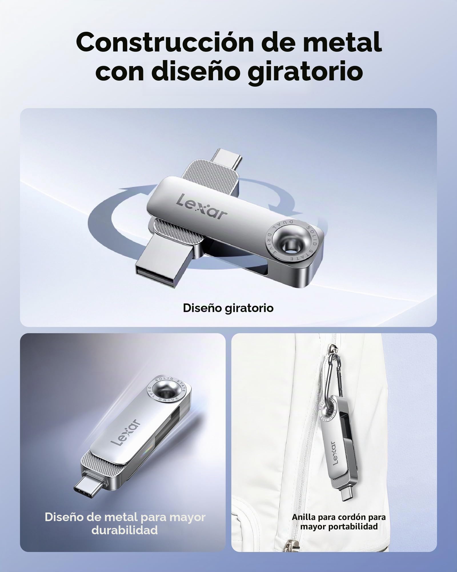 Lexar D50E 128GB Unidad SSD Dual, Unidad Flash USB con hasta 400 MB/s de Lectura y 360 MB/s de Escritura, Puertos USB-C y USB-A, Diseño Giratorio Metálico, Compatible iPhone 17, Android, PC
