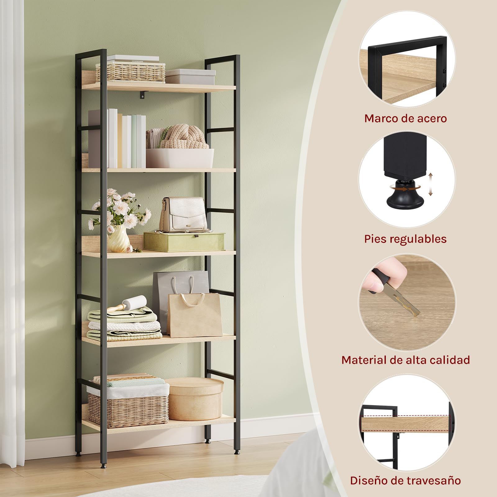 WOLTU Estantería de Pie, Librería 5 Estantes, Estanteria Almacenaje para Salon/Dormitorio/Cocina, 60x27,5x160 cm, Marco Metalico,Negro + Roble Claro