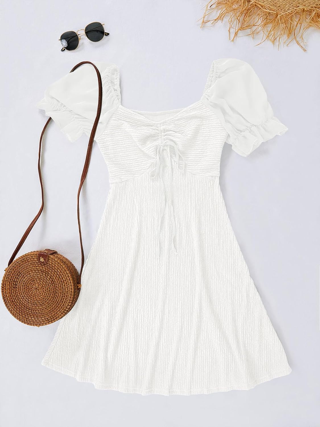 Wenrine Womens Summer Short Puff Sleeve Mini Dresses Drawstring Sweetheart Neck Casual Slim Flowy Dress Sundress - Image 6