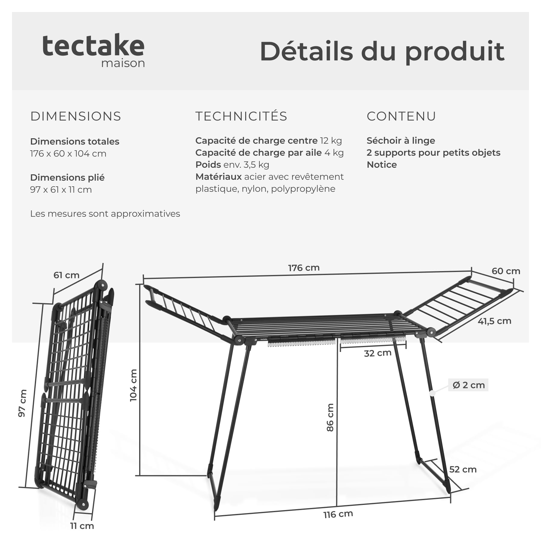 tectake® Etendoir Linge Interieur & extérieur Séchoir à Linge Pliable avec etendage de 1,80m, Etendoir Chaussette & Petites pièces Rangement buanderie pour lessive Organisation Maison - Noir