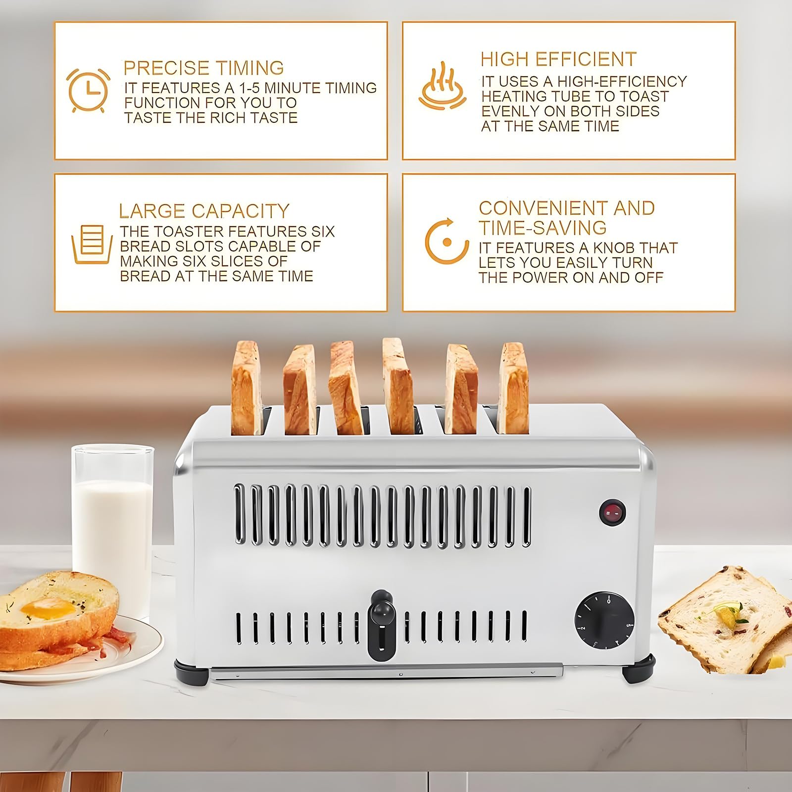 Tostapane Commerciale A 6 Fette, Tostapane in Acciaio Inossidabile da 3240 W con 5 Livelli di Doratura E Vassoio di Briciole Rimovibile, Pop-up Automatico, Macchina da Forno di Pane per Casa