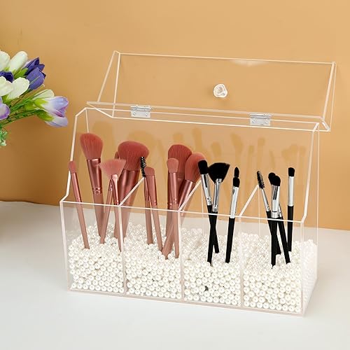 Miniatura 6 de Organizador de maquillaje acrílico, caja de almacenamiento transparente para brochas de cosméticos con 4 soportes para cepillos, soporte para