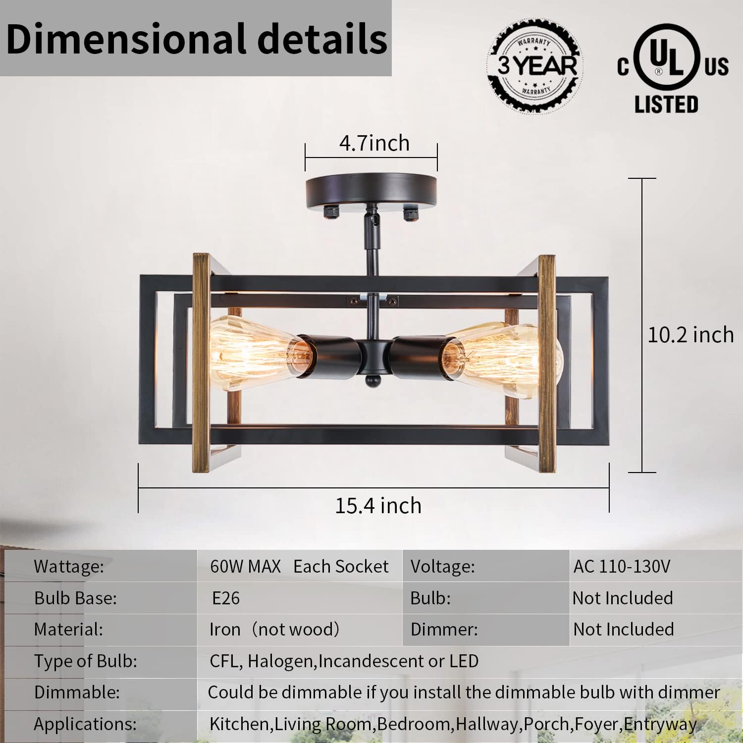 Industrial Flush Mount Ceiling Light Fixture, 4-Light Modern Metal Square Farmhouse Black Retro Close to Ceiling Lights Sloped Chandelier Lighting for Bedroom Hallway Living Room Kitchen Foyer