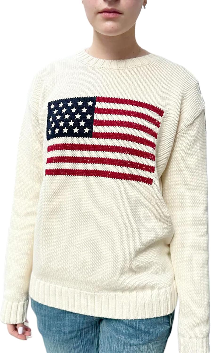 Women American Flag Sweater Long Sleeve Crew Neck Loose Fit Knit Pullover Tops USA Casual Loose Pullover Sweater
