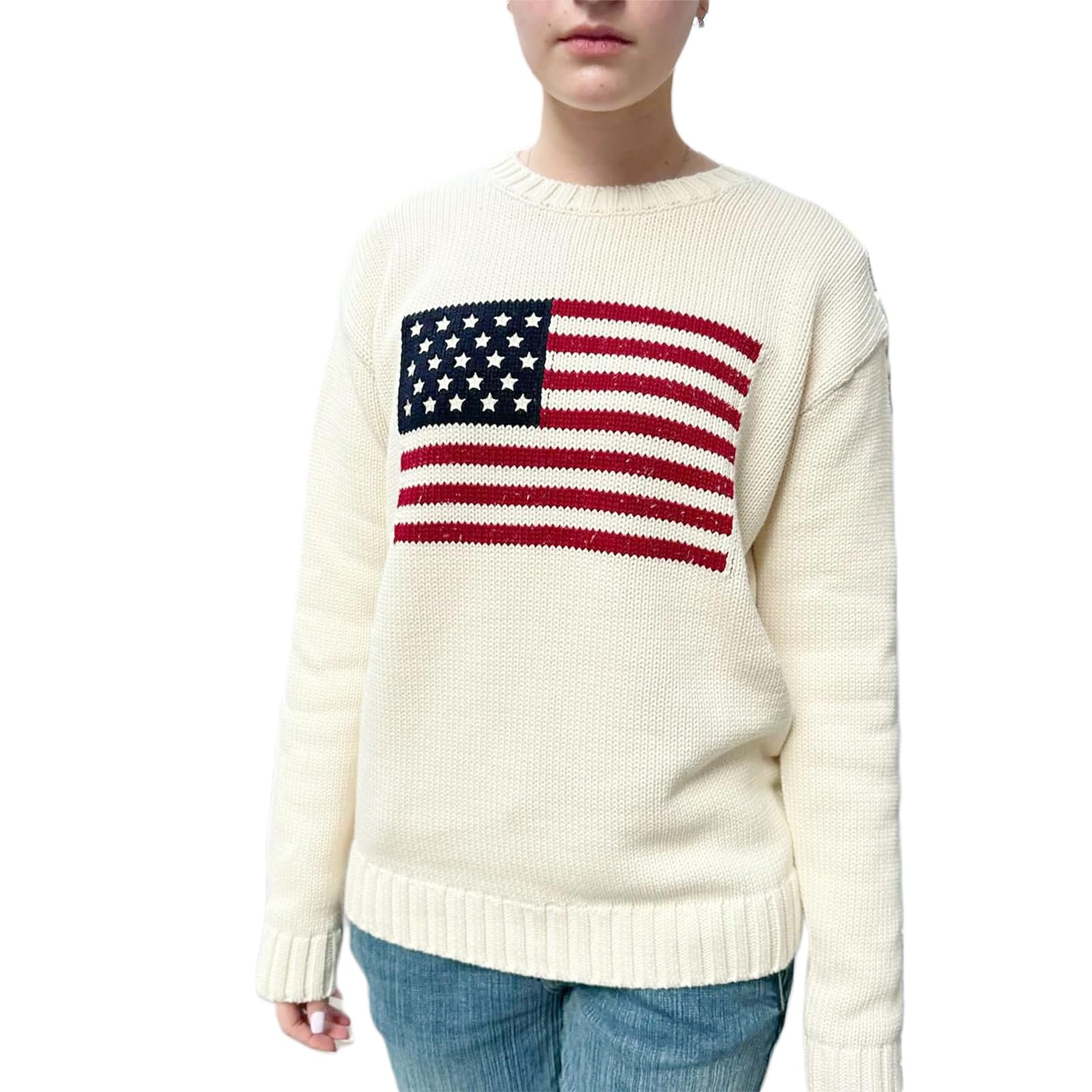 Women's American Flag Sweater Vintage Star Print Long Sleeve Crew Neck Sweater Top 4th of July Knit Top