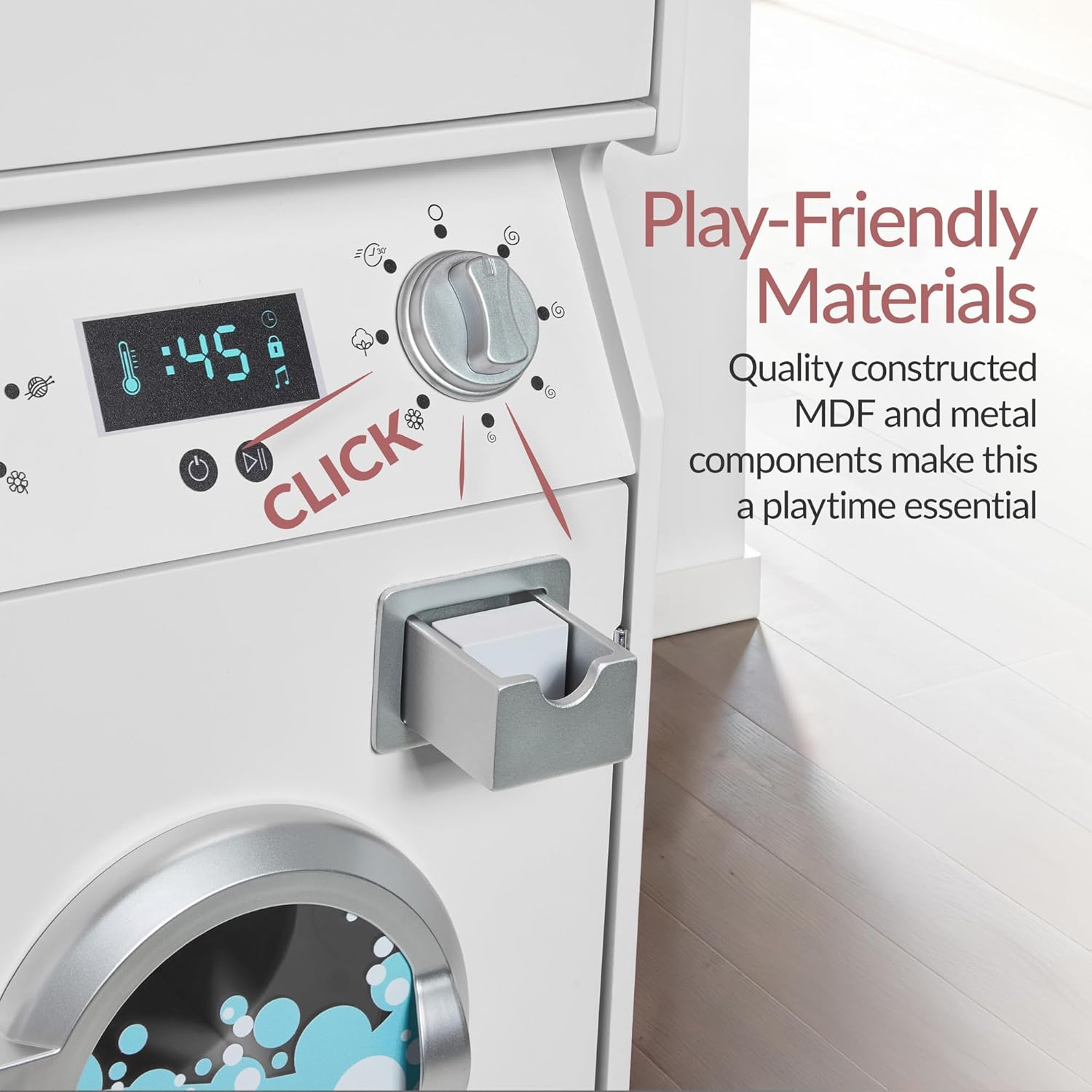 Best Choice Products Pretend Play Kids Wooden Stacked Washer & Dryer Set with Toy Laundry Storage, Space-Saving Design, with Accessories - White