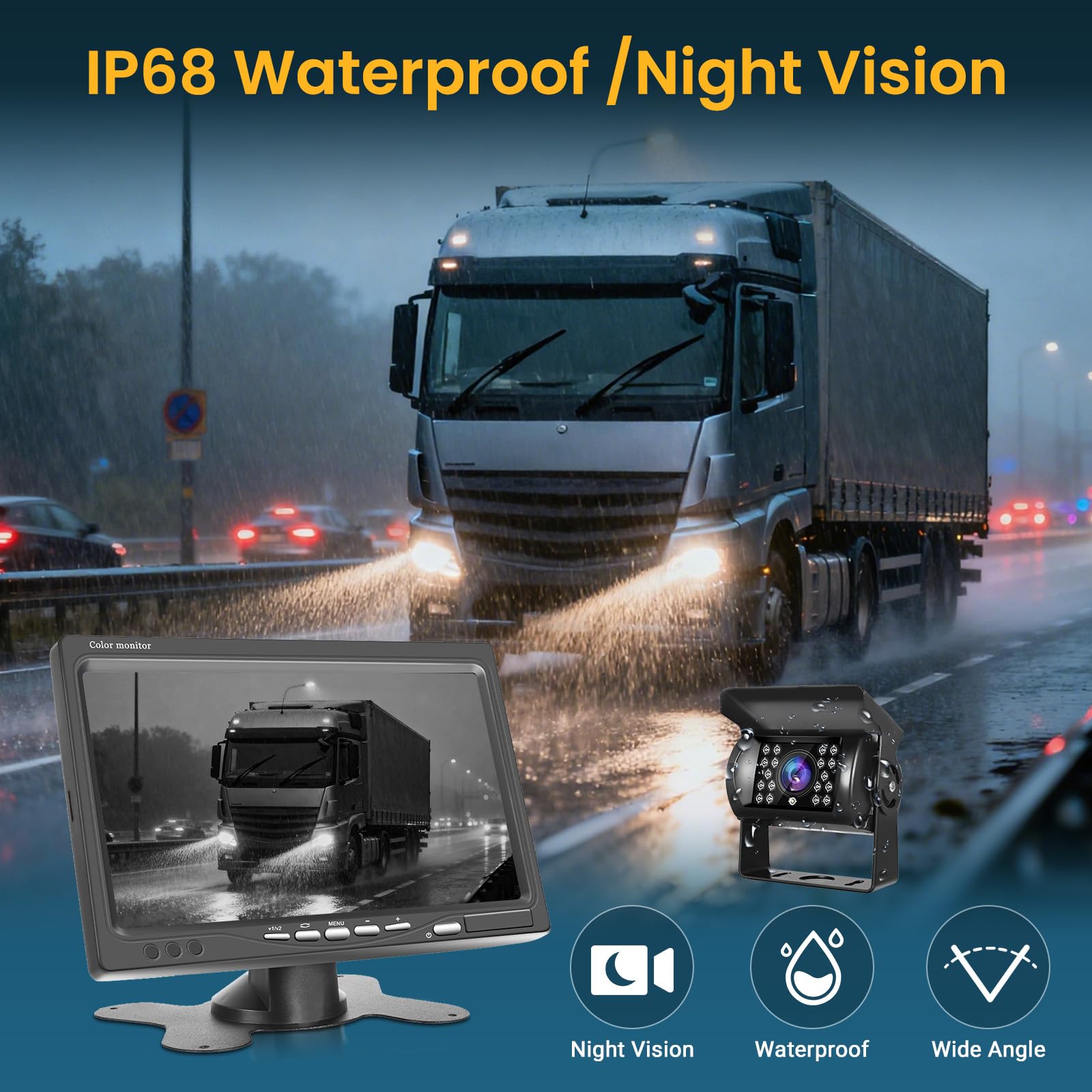 Roinvou Zestaw kamer cofania z monitorem 7" 1080p, wodoszczelność IP68, widoczność w nocy, kamera zapasowa samochodu, kabel, stabilny sygnał, kamera cofania 12 V-24 V z kablem 20 m, do samochodów