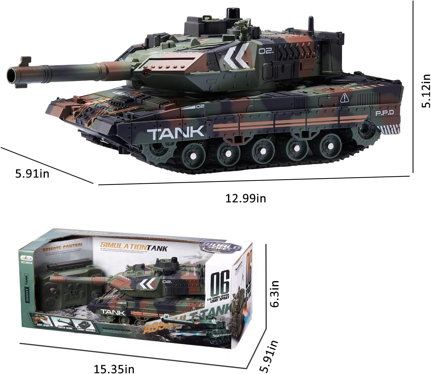 RC Tank That Shoots - 2.4Ghz Remote Control Army Tank with Smoke, Lights, Sounds, 360° Rotating Turret, Auto Demo, 13 Channel Military Vehicles Model Gift for Boys 6-8