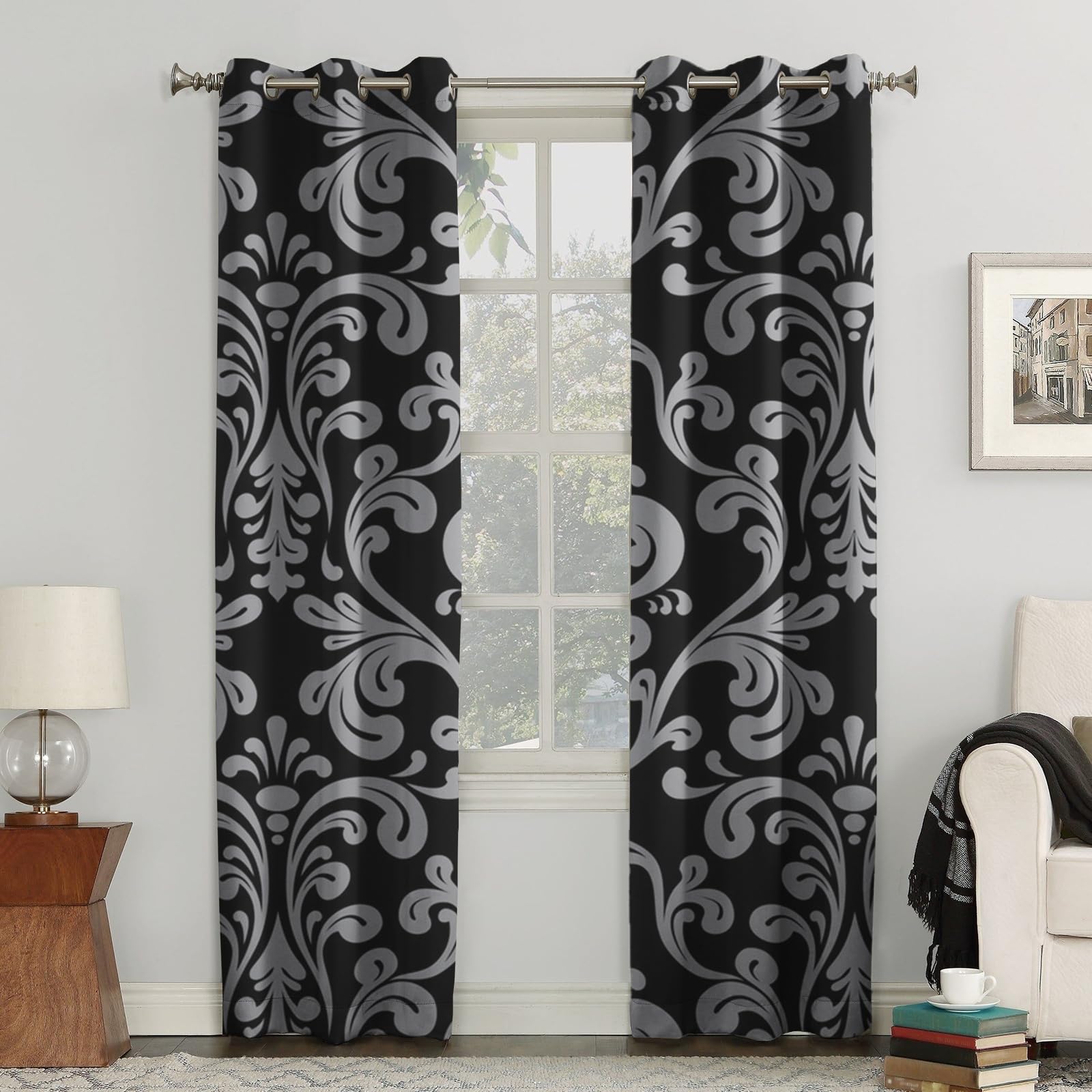 Cortinas Niño Niña Habitacion Opacas Con Ojales 2 Piezas 3D Patrón De Hierba Rizada Retro En Negro Y Gris Patrón 264X214Cm（An X Al）Cortinas Termicas Aislantes Frio Y Calor Salón Dormitorio Ventana