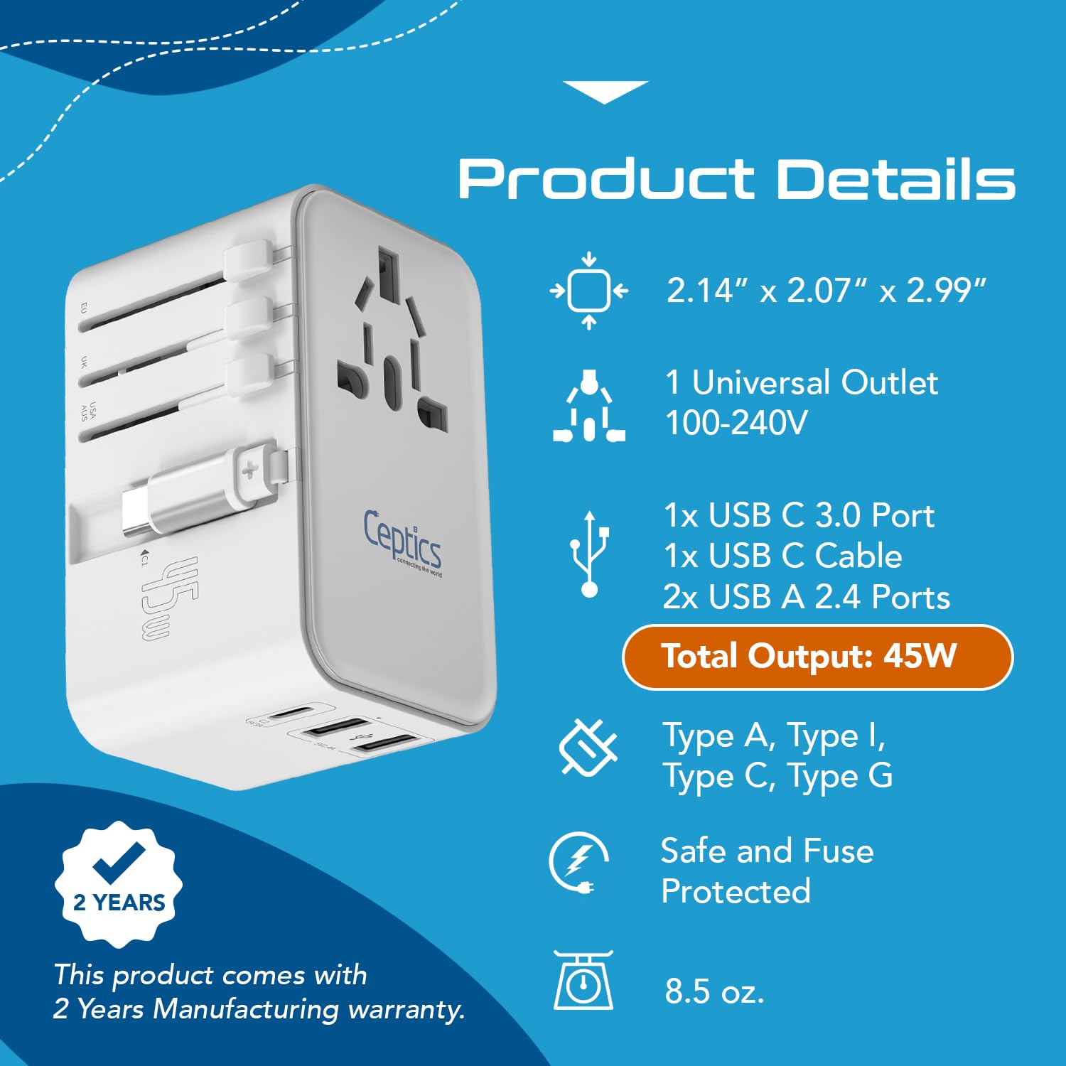 Ceptics Adaptador de Viaje Internacional 5 en 1 con Cable USB-C retráctil PD 45W 65cm, 2X USB-A 2.4A, 1x USB-C 3A, Adaptador de Viaje en Todo el Mundo para portátiles, teléfonos y cámaras para EE.