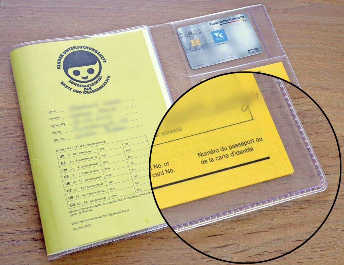 Mikalino Uheft Hülle für das gelbe Untersuchungsheft Transparente U-Heft Schutzhülle aus Kunststoff mit Fach für Impfpass Uhefthülle mit 3 Fächern für Krankenkassenkarte, Grösse:200 Stk.