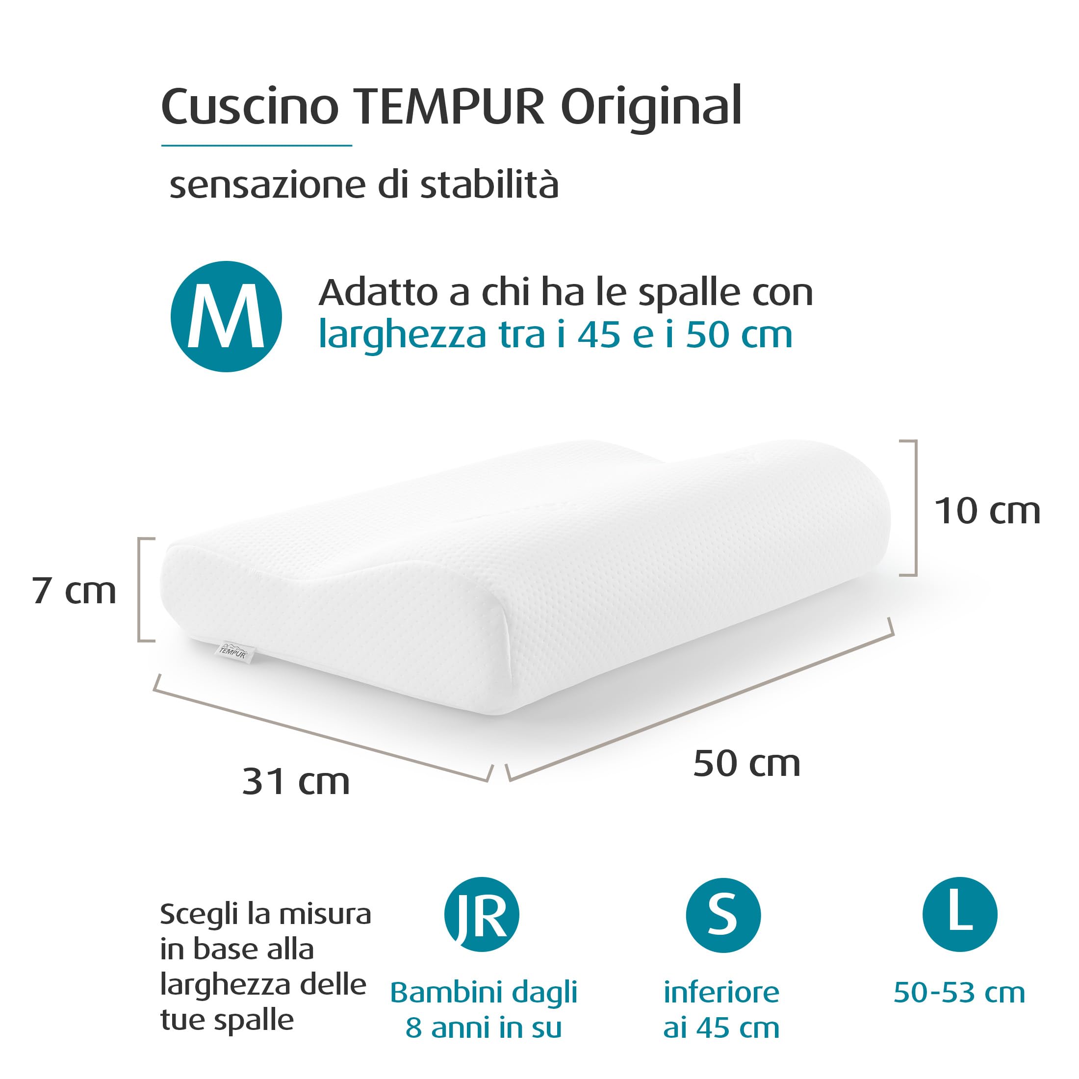 TEMPUR Original cuscino cervicale basso, cuscino ergonomico di sostegno al collo per chi dorme sul fianco e sulla schiena, sensazione rigido, M (50 x 31 x 10/7 cm)