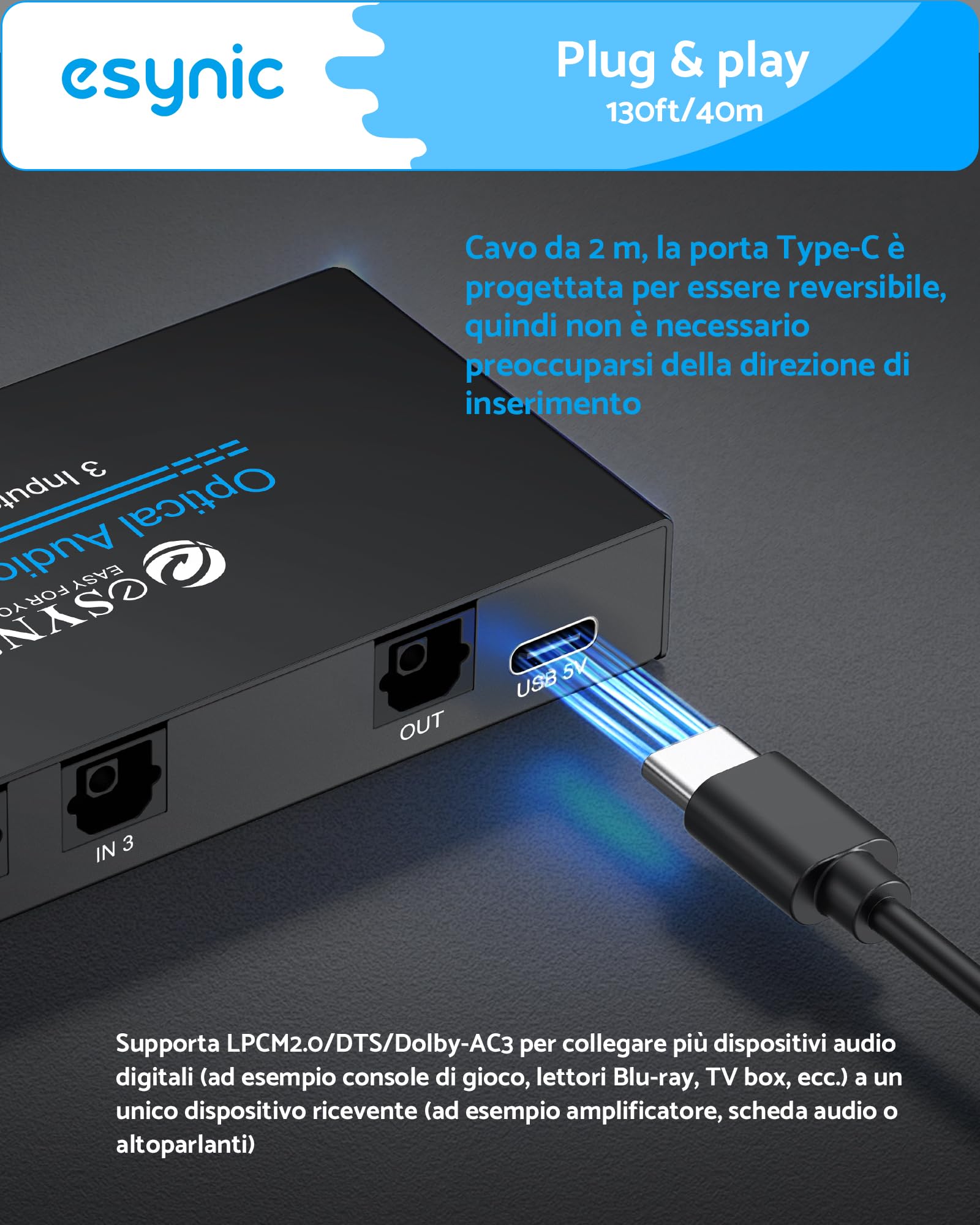 ESYNiC 3X1 Switch Toslink SPDIF con IR Telecomando e USB-C Cavo, Switcher Commutatore Audio Digitale Ottico 3 Ingressi 1 Uscita con Cavo Ottico, Supporta LPCM 2.0 DTS e Dolby AC3 Funziona Memoria