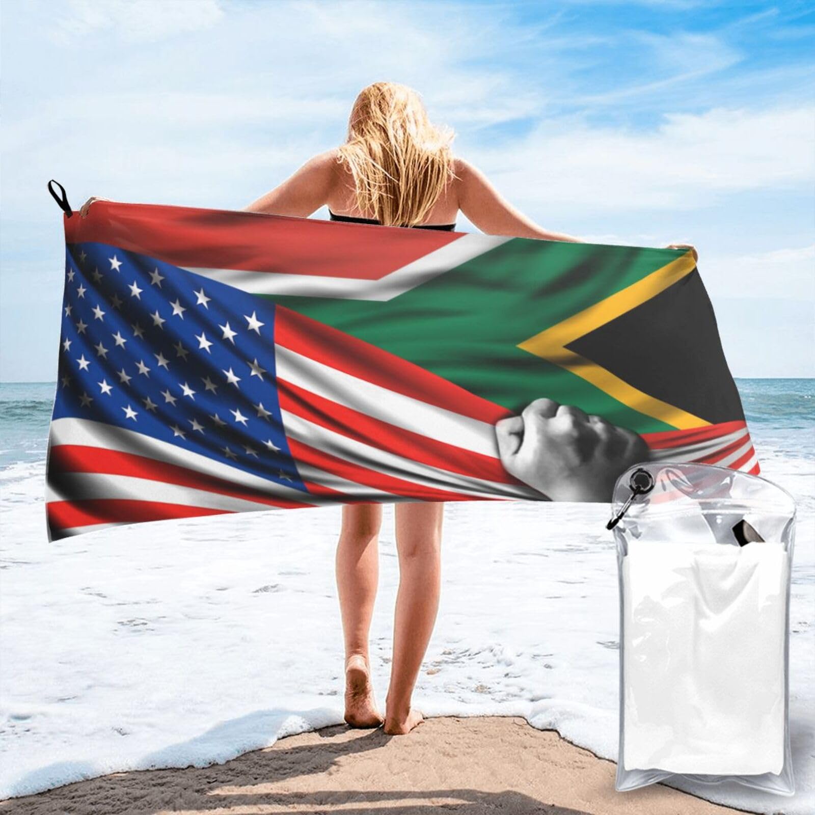HACXZ Beach Towel America Flag and South African South Africa Flag Microfiber Beach Towel Lightweight Absorbent 31.5"X63"
