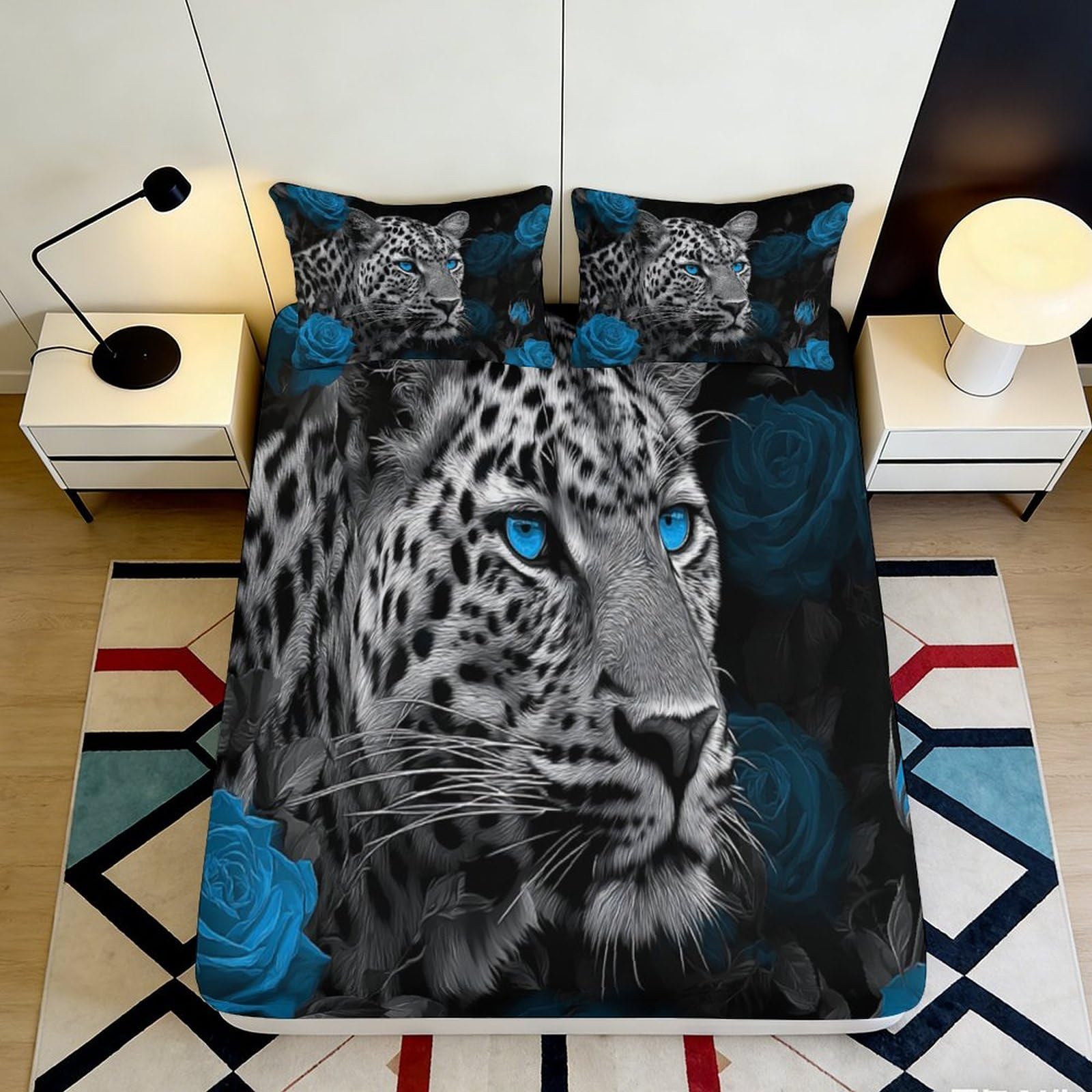 3D Printed Blue Leopard Fitted Sheet Microfiber Soft Non-Slip Rose Bed Cover for Bedroom Dorm Machine Washable Decor 140x200x25cm