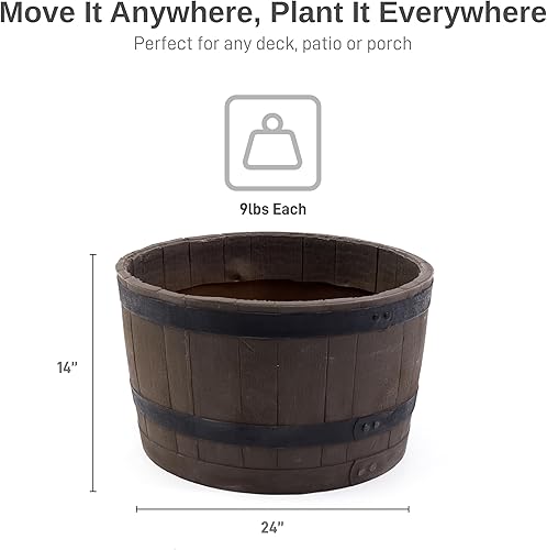 Miniatura 5 de RTS Home Accents Macetero de barril de whisky, polietileno para jardinería interior o exterior, grano de madera con rayas negras