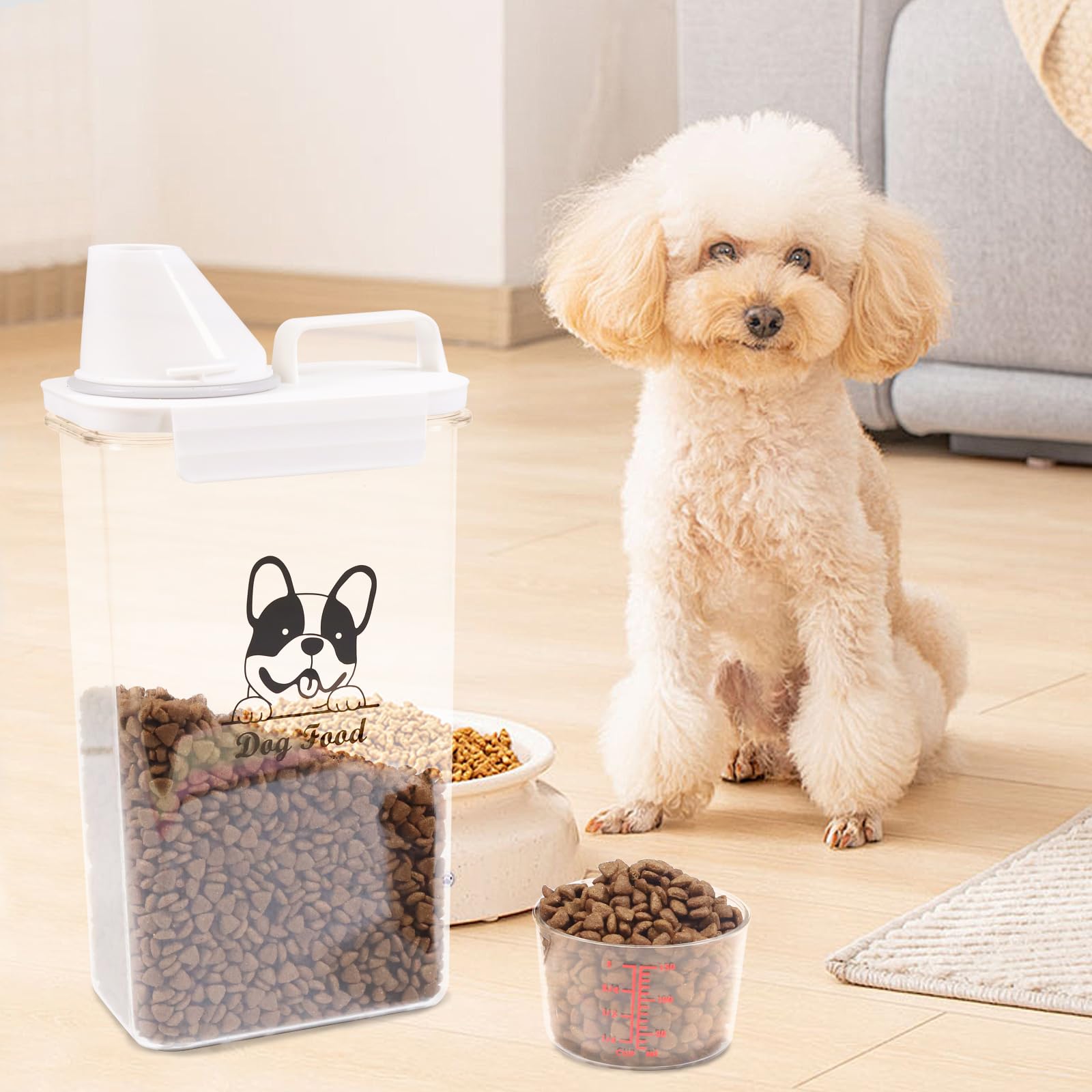 Geyecete Contenitore per Alimenti per Cani 2,5 L, Portatile Contenitore Crocchette per Cane in Plastica Trasparente, Scatola per Crocchette per Cani Ermetici, con Tazza di misurazione