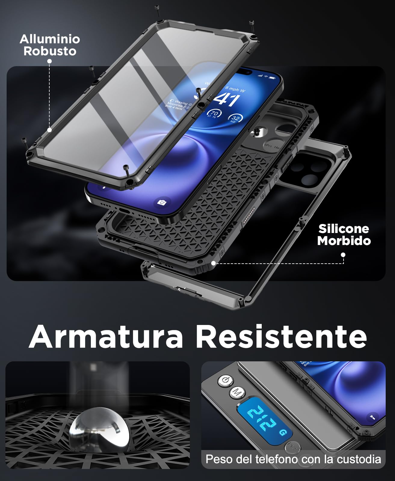 Beeasy Cover per iPhone 16 IP68 Impermeabile,360 Completa Antiurto Militare Rugged Armor,Resistente Indistruttibile Metallo Custodia,Subacquea Protezione Case per iPhone 16,Nero
