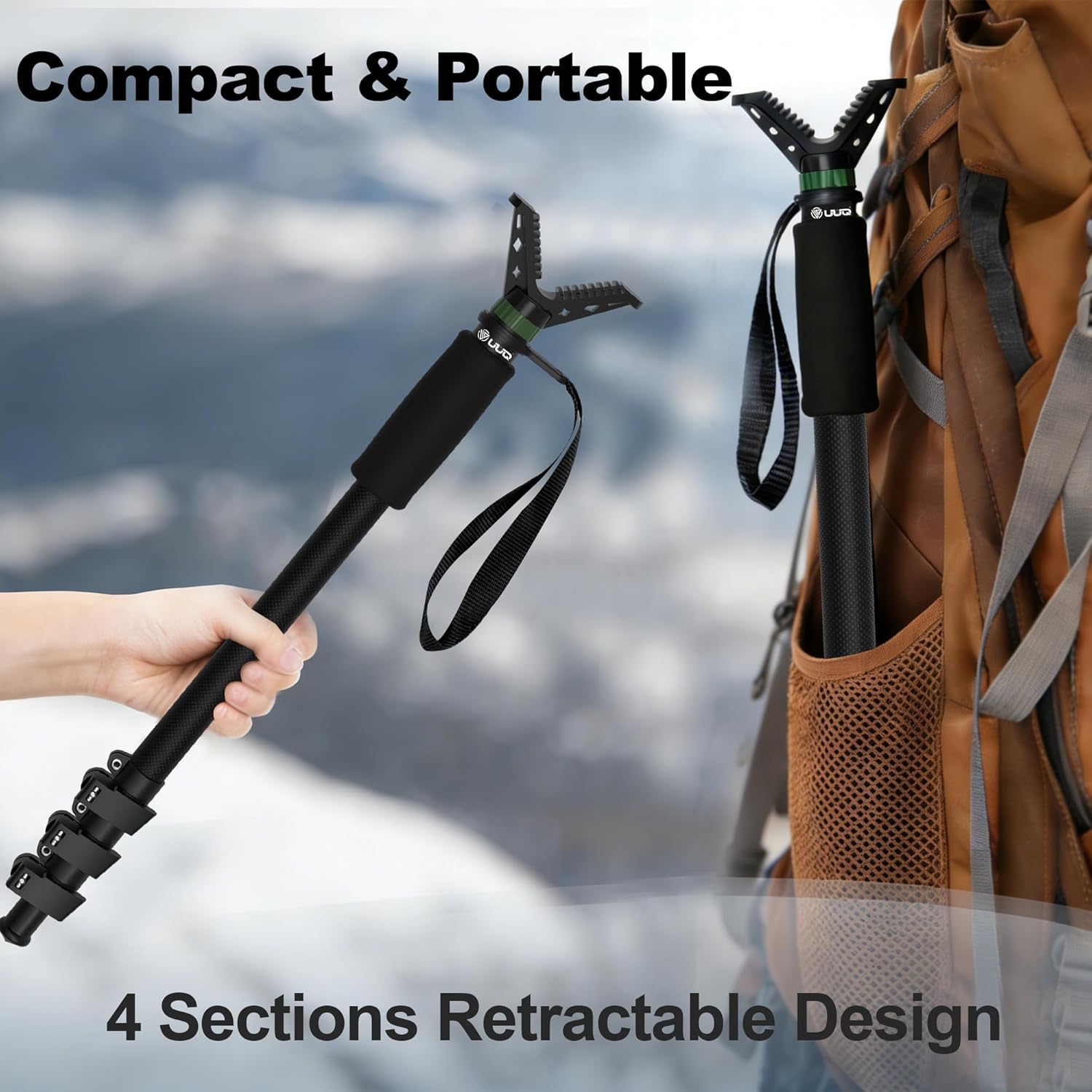 UUQ M4 Carbon Fiber Monopod Shooting Stick and Gun/Rifle Rest, 4-Section Adjustable Height, Durable and Lightweight Versatile Trekking Pole, Portable Compact for Hunting, w/Spike Foot