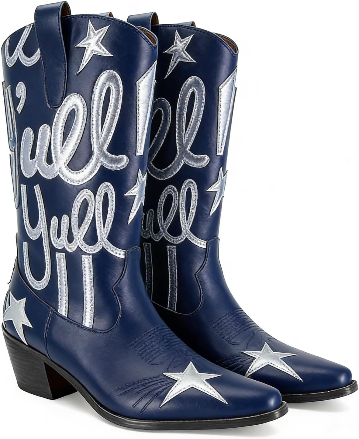 Women’s Mid Calf Western Cowboy Boots Pull On Cowgirl Boots with Fashion Star Embroidery Letter Pointed Toe Chunky Heel