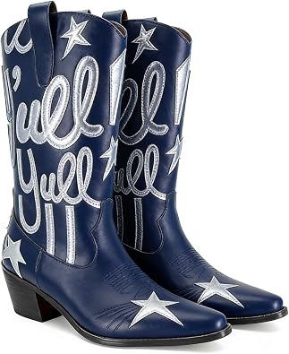 Womens Mid Calf Western Cowboy Boots Pull On Cowgirl Boots with Fashion Star Embroidery Letter Pointed Toe Chunky Heel