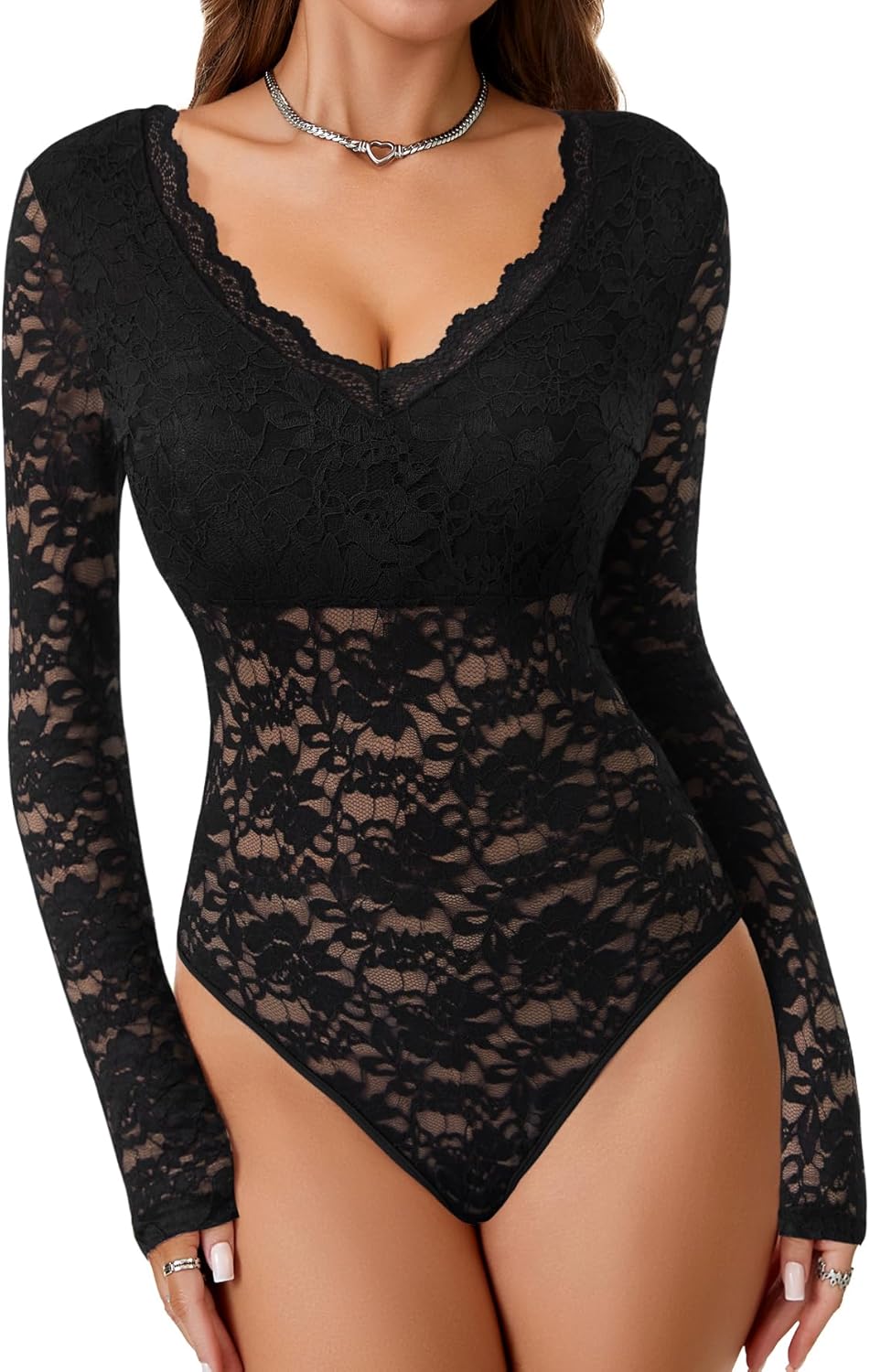 LYANER Women's Sexy Lace Bodysuit Deep V Neck Body Suits Sheer Long Sleeve Slim Fit Leotards Tops - Image 2