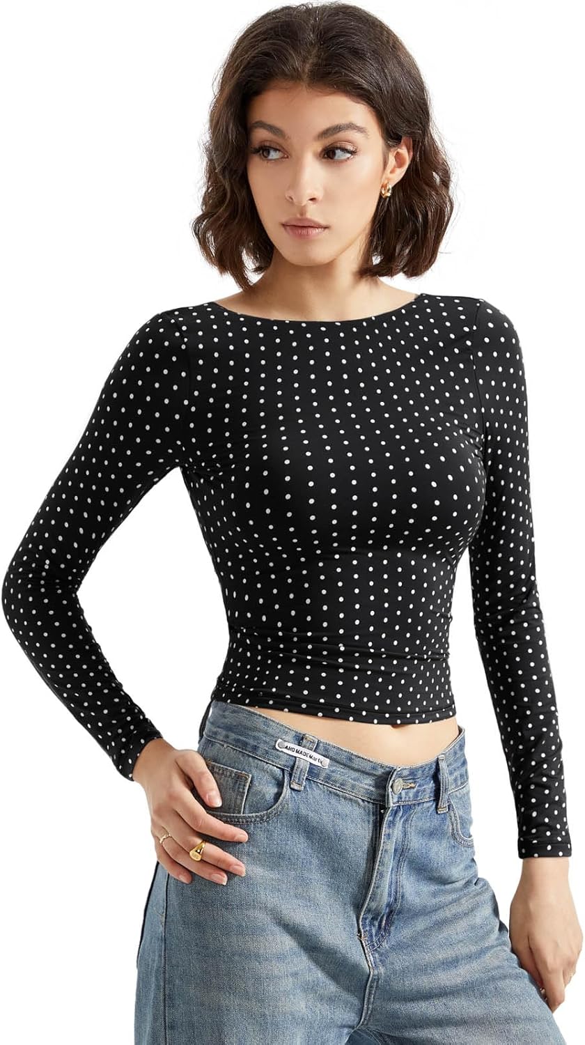 SUUKSESS Women Backless Going Out Tops Double Lined Open Back Basic Long Sleeve - Image 2