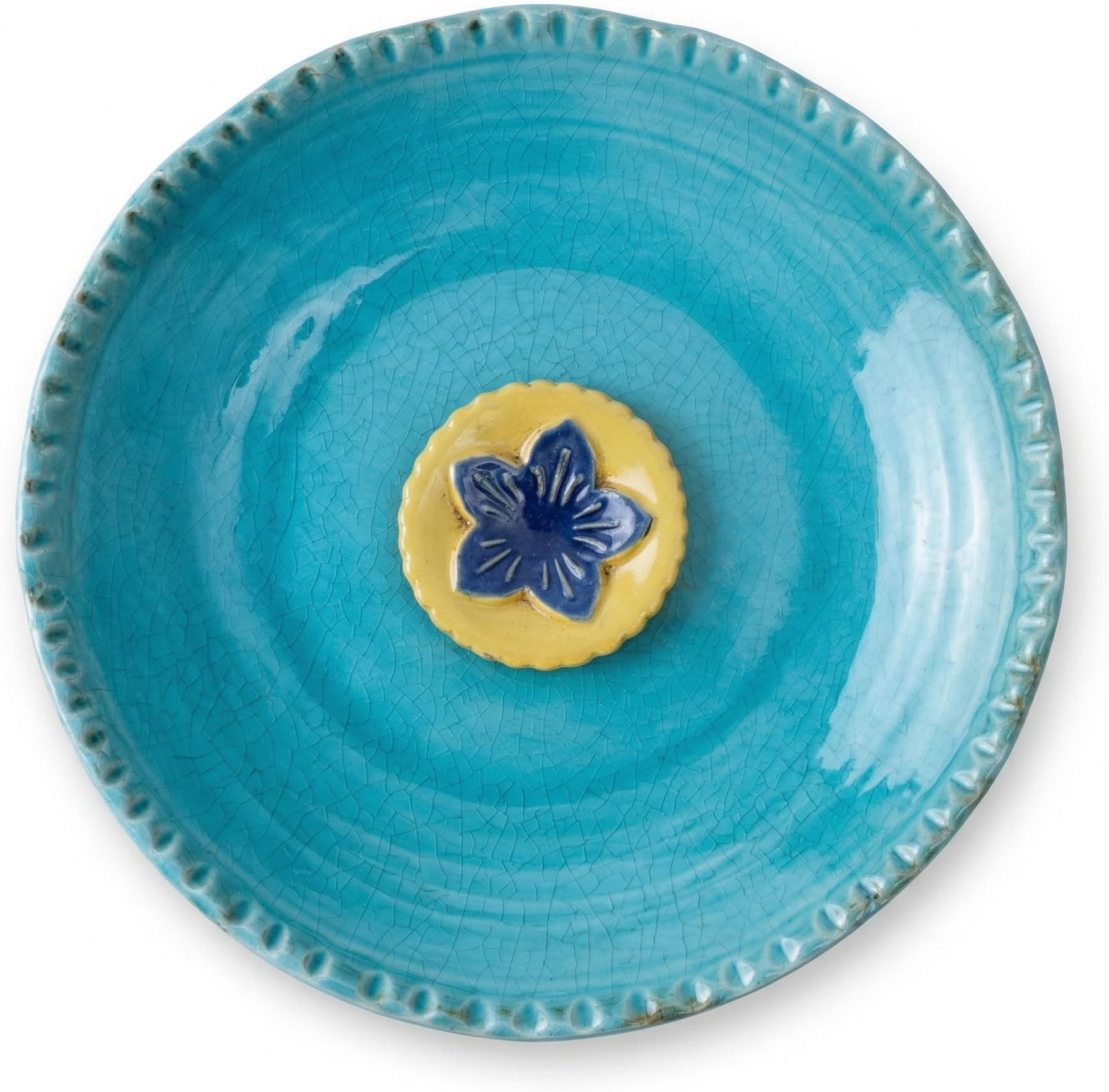 Topadorn 12.25in Ceramic Bird Bath for Outdoors, Large Bird Bath Bowl for Garden Lawn Balcony Patio Yard Tabletop Ground Decor, Blue with Yellow Flower