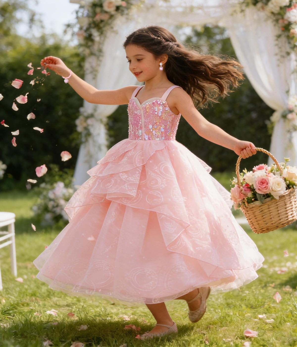 Kids Pink Witch Costume for Girls Pink Bubble Tulle Dress Princess Sequins Mesh Outfits with Accessory set - Image 3