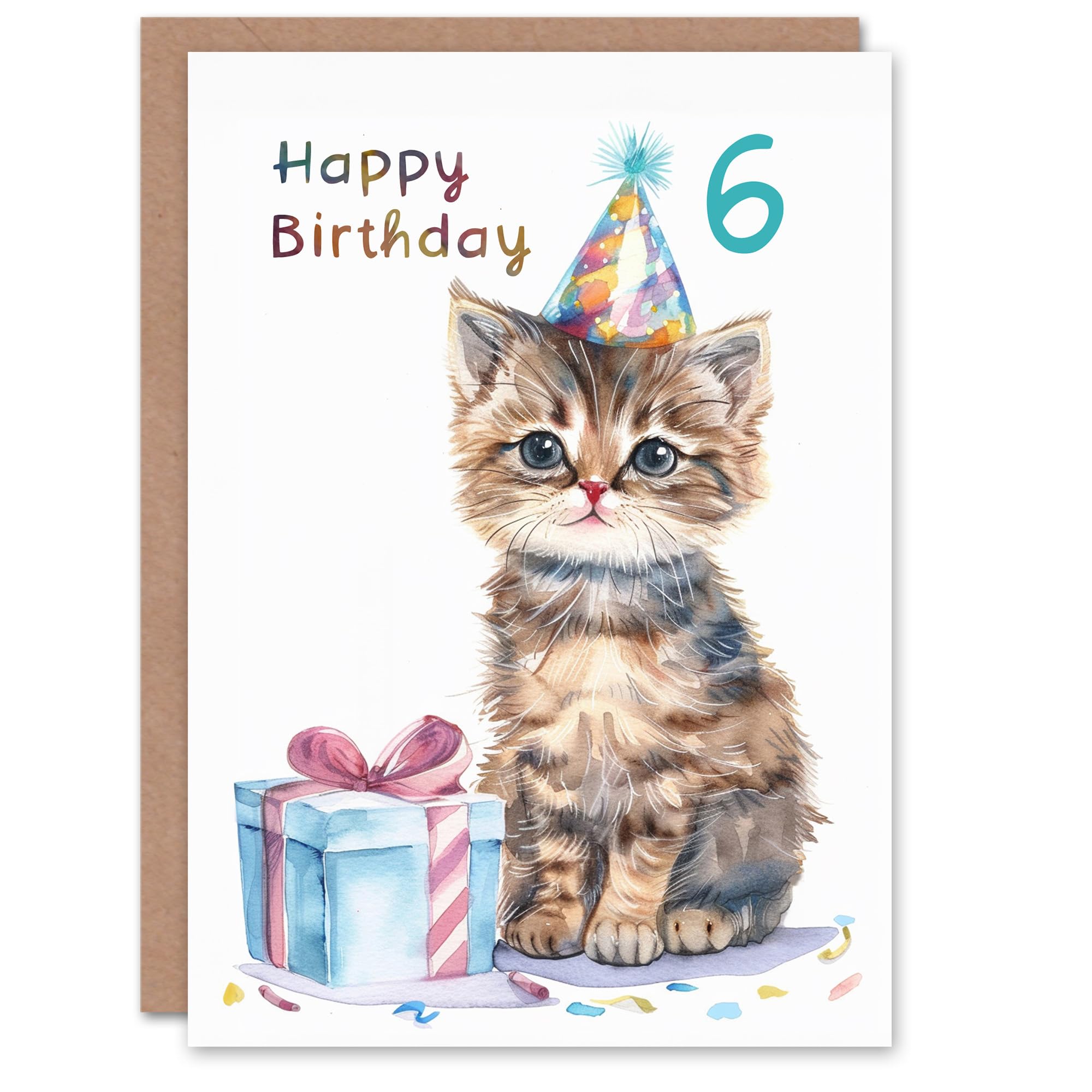 Artery8 - Birthday Card - Age 6 - Baby Cat Kitten Design - White