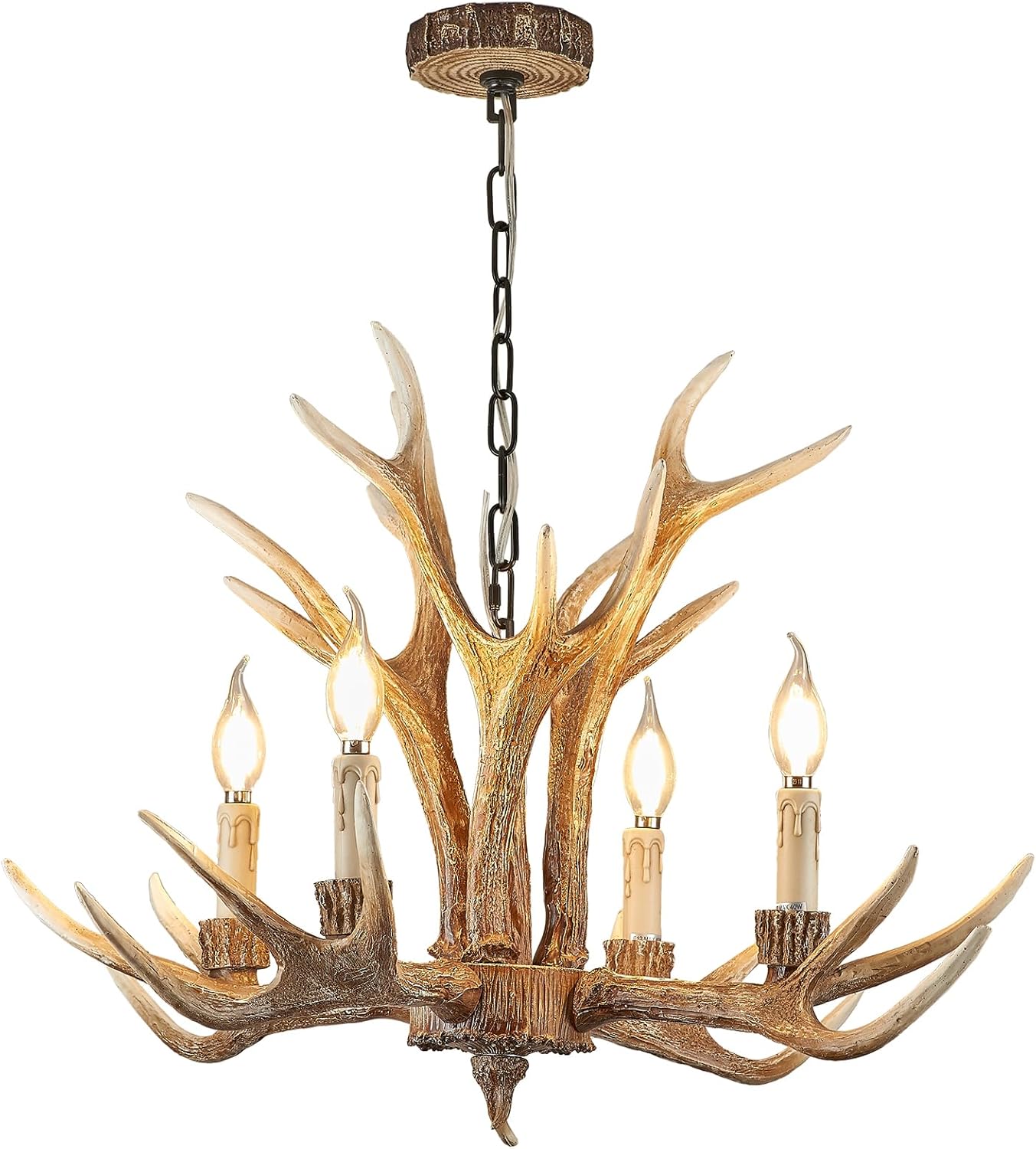 4 Lights Resin Antler Chandelier Light Fixture, Farmhouse Chandelier Antler Lighting, North American Brown Antler Decorative Chandelier for Living Room, Bedroom, Dining Room (4 Lamp arms+3 arms)