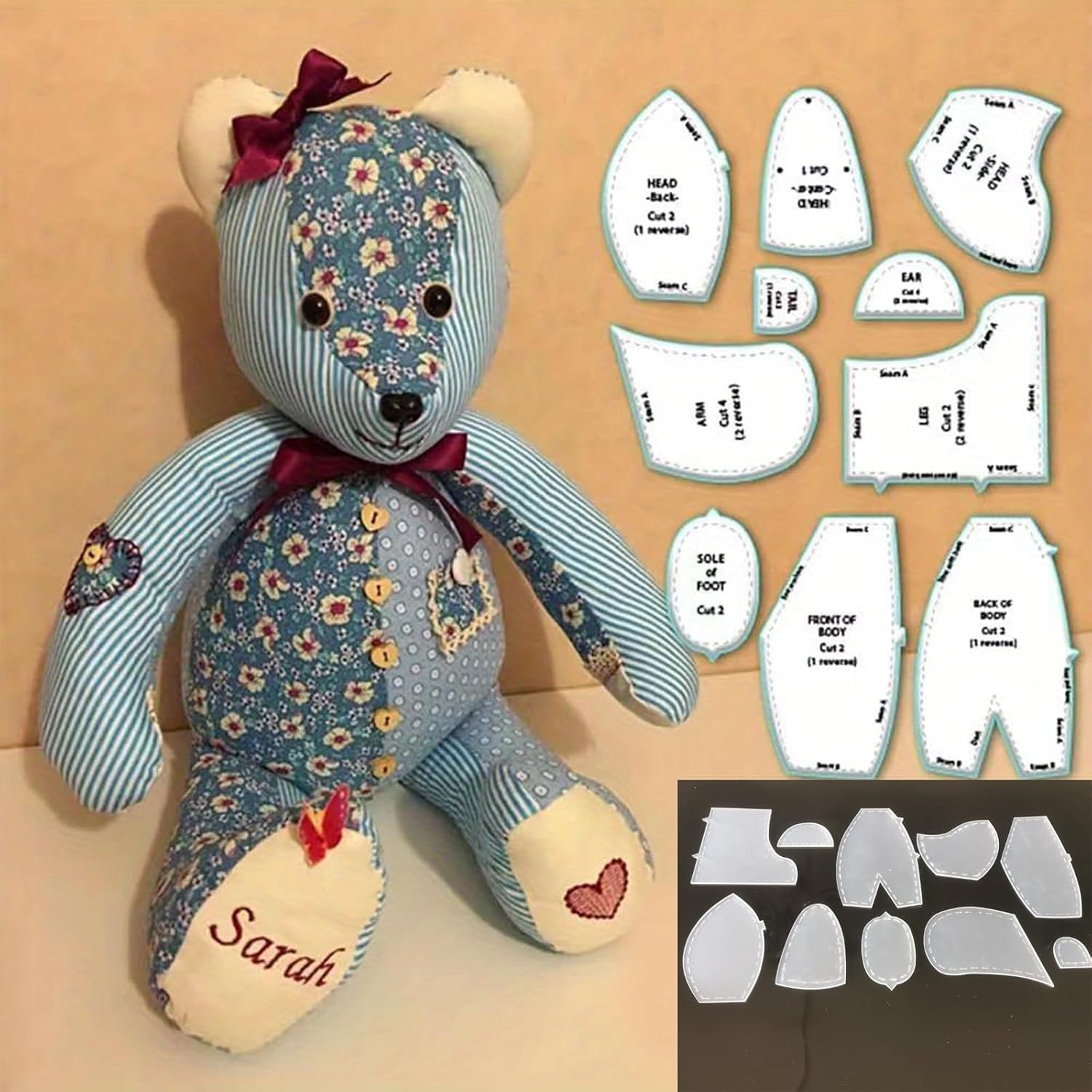 YICBOR Acrylic Memory Bear Patterns for Sewing with Instructions, DIY 10Pcs Quilting Template Set Come with 40 pcs of Multi-Color Quilting Pins (10 inch)