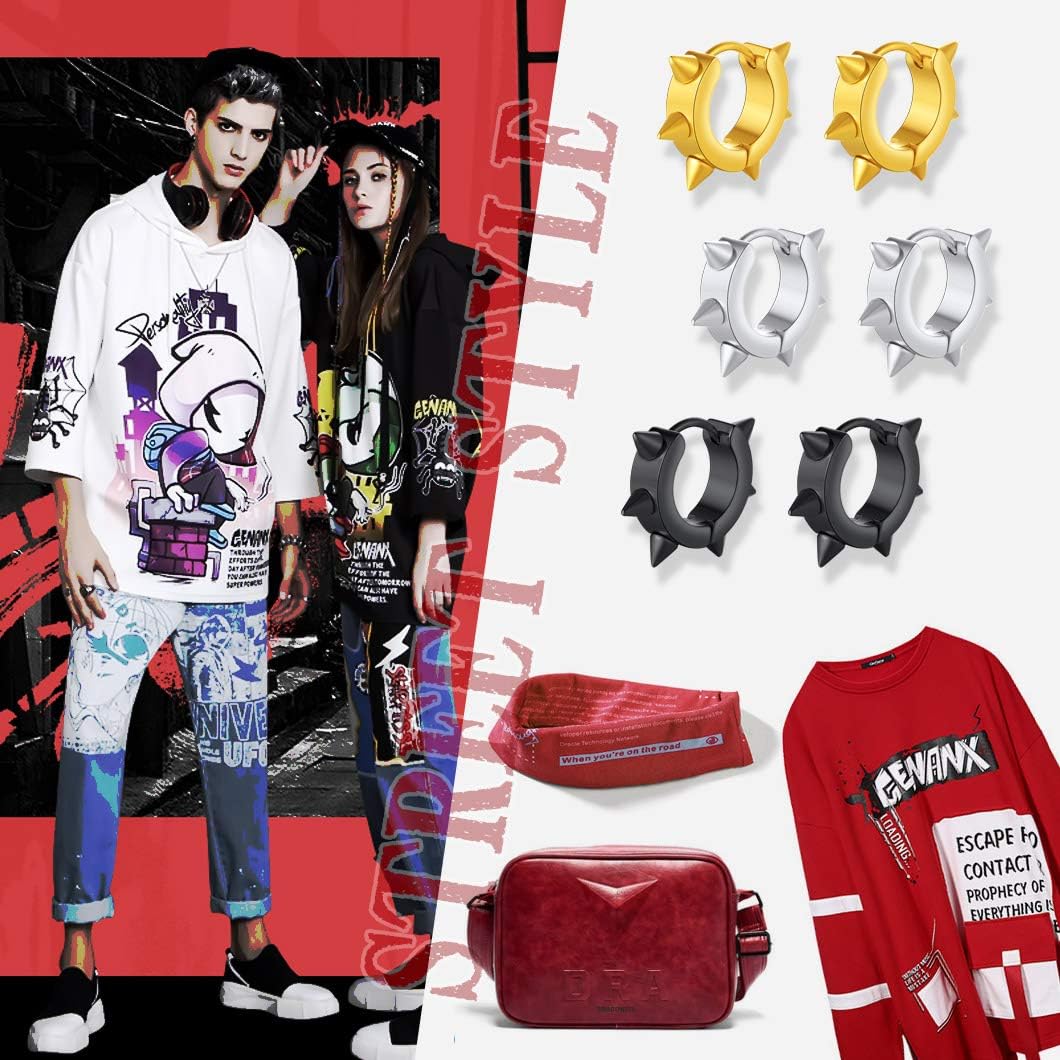 Richsteel Hoop Earrings for Women Mens Stud Hinged Huggie Punk Dangle Spikes/Cross Piercing Earrings Set - Image 2