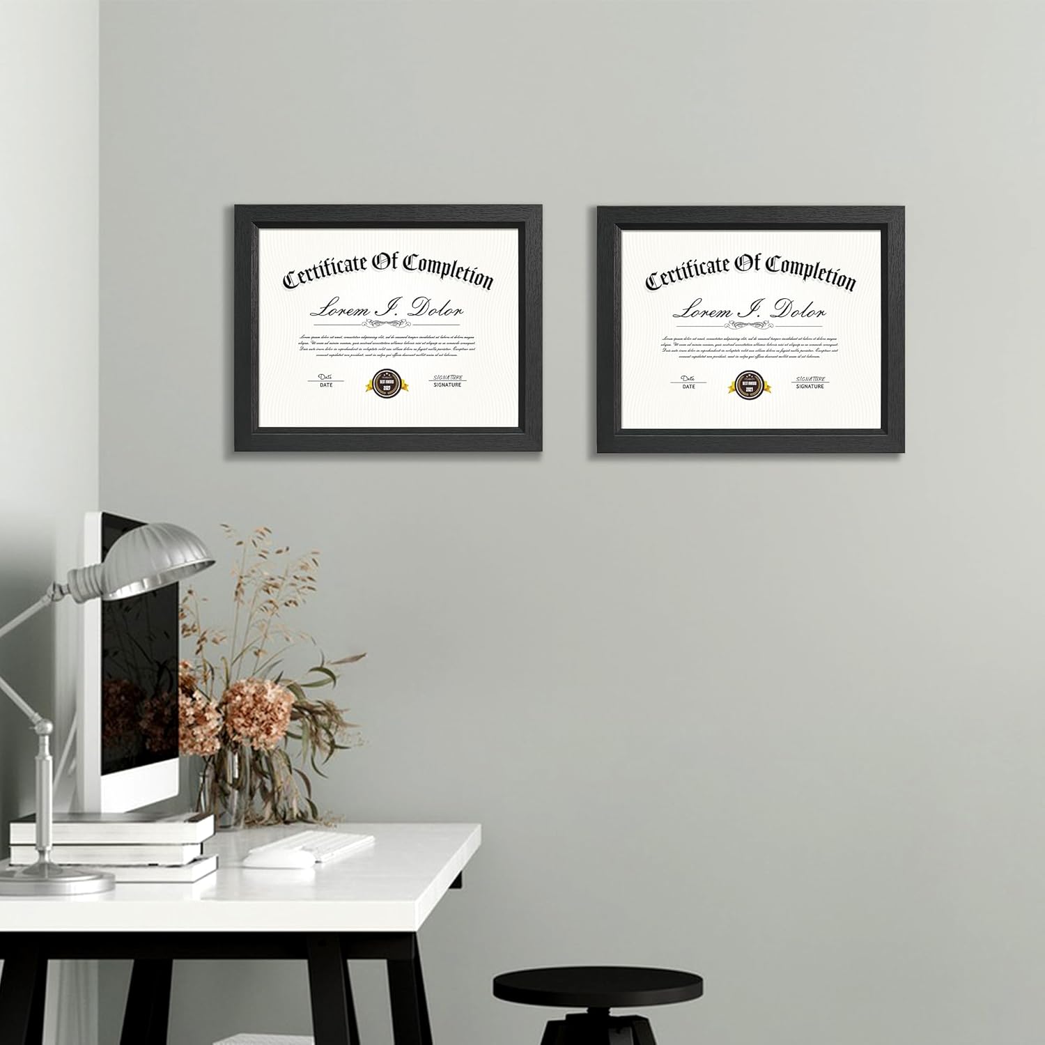 8.5x11 Certificate Frame with Tempered Real Glass, 8.5 by 11 Diploma Frame for Tabletop and Wall Display, Black Wood Grain Document Picture Frame, Set of 2