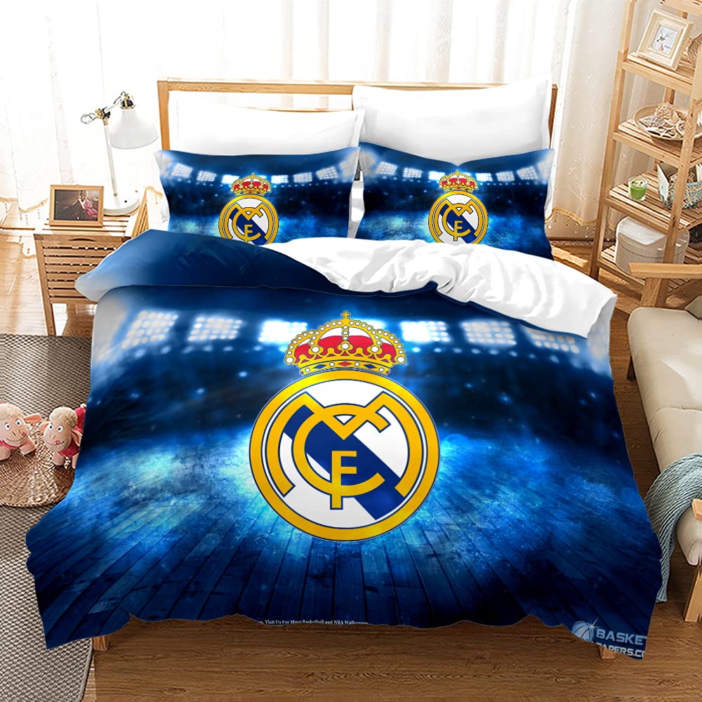 WINUO Equipo de Fútbol Real Madrid Juego de Funda Nórdica 135X200cm (Cama de 90) Funda de Edredón de Microfibra Suave con 2 Fundas de Almohada 50x75