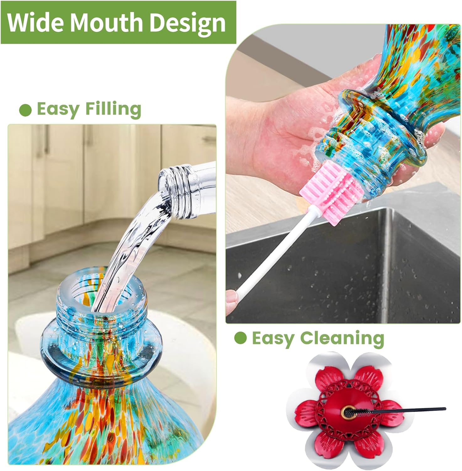 Hummingbird Feeder, BOLITE Glass Hummingbird Feeders for Outdoors Hanging, Hand Blown Twisted with Ant Moat and Five Feeding Ports, 24 Ounces, Leak Proof, Blue, Gifts for Women Men, Gifts for Mom Dad
