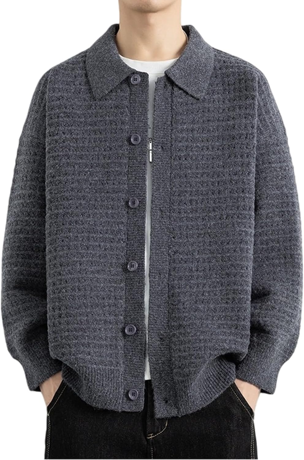 Men's Lapel Collar Cardigan Solid Warm Knit Relaxed Fit Sweater