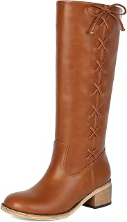 Knee High Boots for Women Side Zip Round Toe Campus Riding Tall Boot with Side-Lace Chunky Low Heel Pull on Cute Bow Booties.