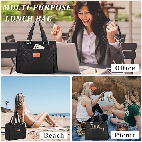 Miniatura 6 de Loncheras grandes para mujer, para el trabajo, con aislamiento térmico, con bolsillos laterales, capacidad de 14 litros, color negro