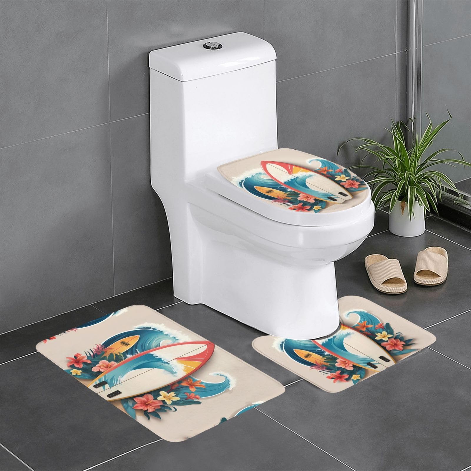 Tapis de bain antidérapants lot de 3 rectangulaire U et O pour toilettes