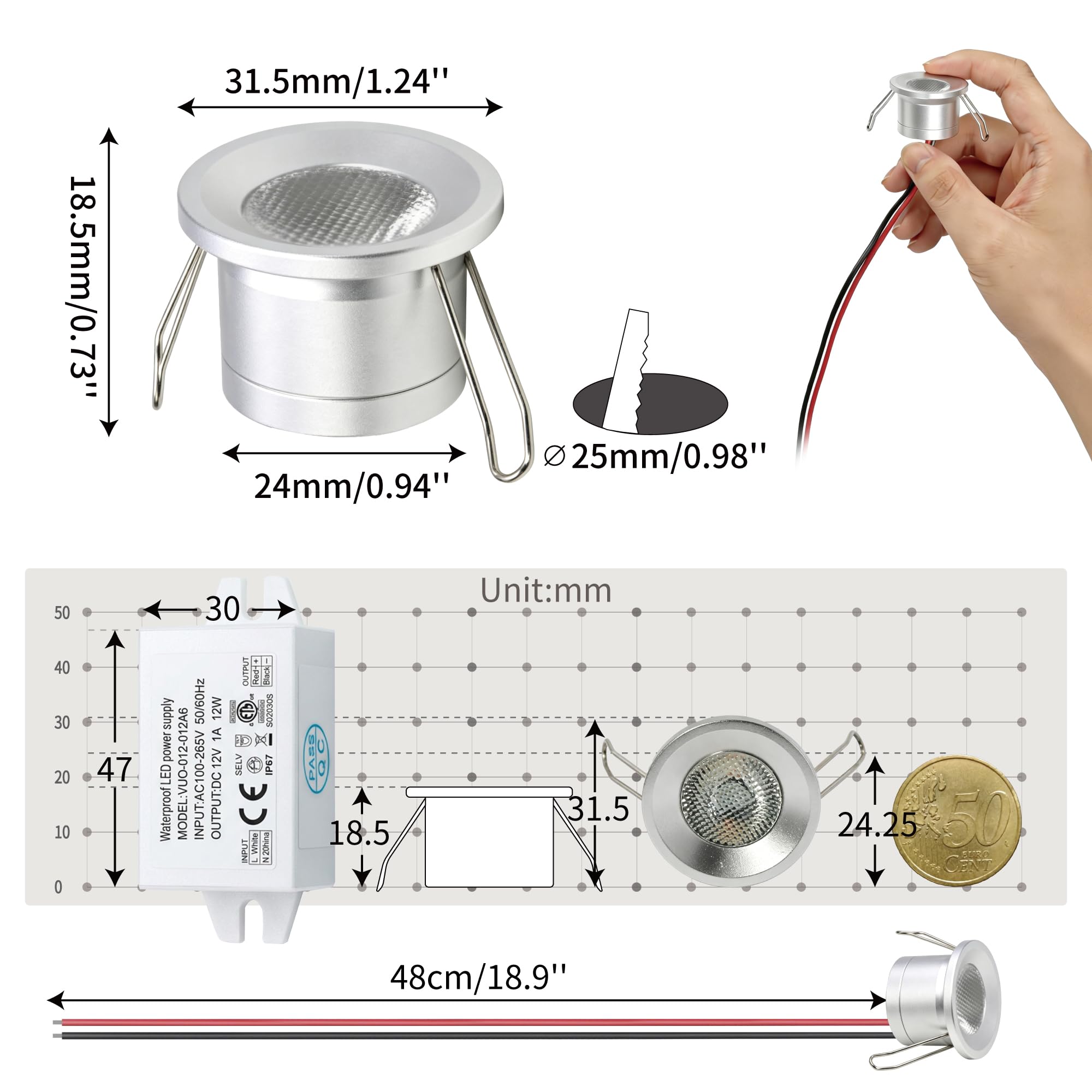 Mini Spot LED Encastrable 2W 6 pcs DC 12V, IP65 Étanche Petite Taille Lampes Avec Transfo 220V, 25mm Pointeur Éclairage Encastré Pour Meuble Terrasse Exterieur Armoires Escaliers (Blanc Chaud)