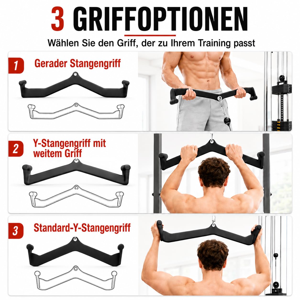 Cable Pulley Attachment Kabelzug Griff Zubehör, LAT Pull Down Bar, V-Griff und Trizepsgriff für Kabelzugmaschine, Fitnessgerät Zubehör für Home Gym und Studio, Set oder Einzelstück