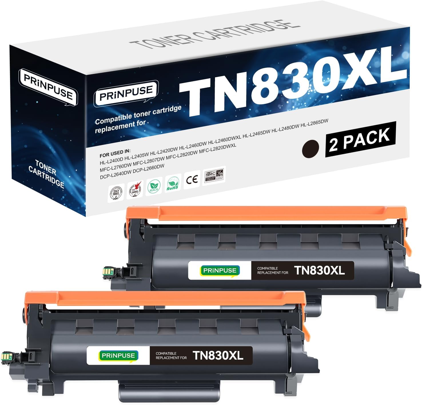 830XL Toner Cartridge High Yield Compatible Replacements for Brother Toner TN830 TN830XL Work with Brother Printer HL-L2460DW DCP-L2640DW HL-L2480DW HL-L2405W MFC-L2820DW MFC-L2900DW, 2 Black
