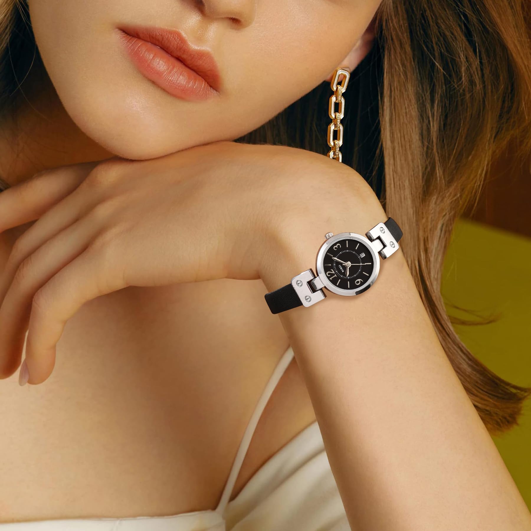 BUREI Orologio al quarzo da donna, 25 mm, quadrante piccolo ed elegante con cinturino in pelle, minimalista, leggero, casual, regalo per la festa della mamma, nero-argento-nero-argento, Casual Nicchia