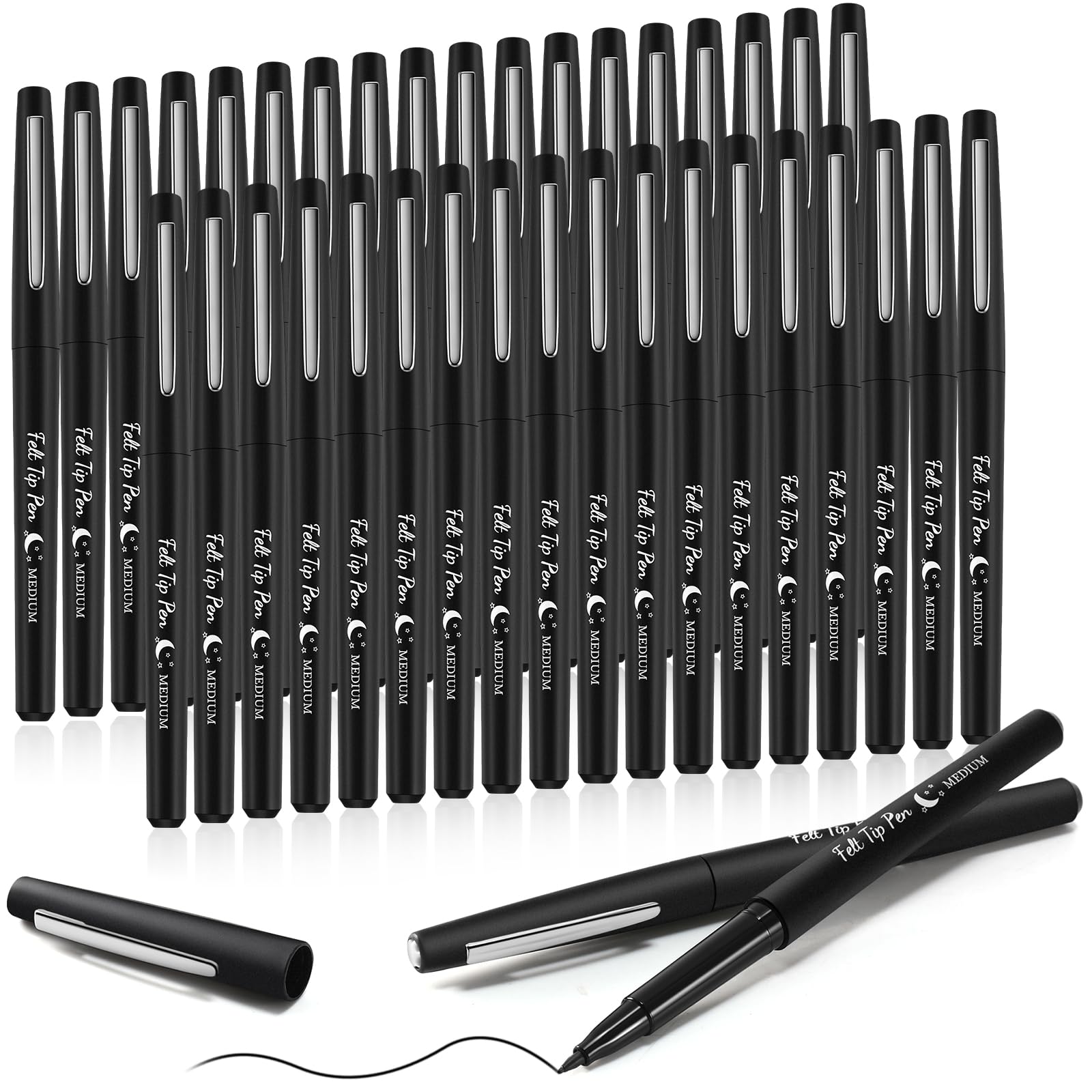 Fuyoooo 36 Pcs Black Felt Tip Pens Bulk, Quick Dry, 0.7 mm Medium Point