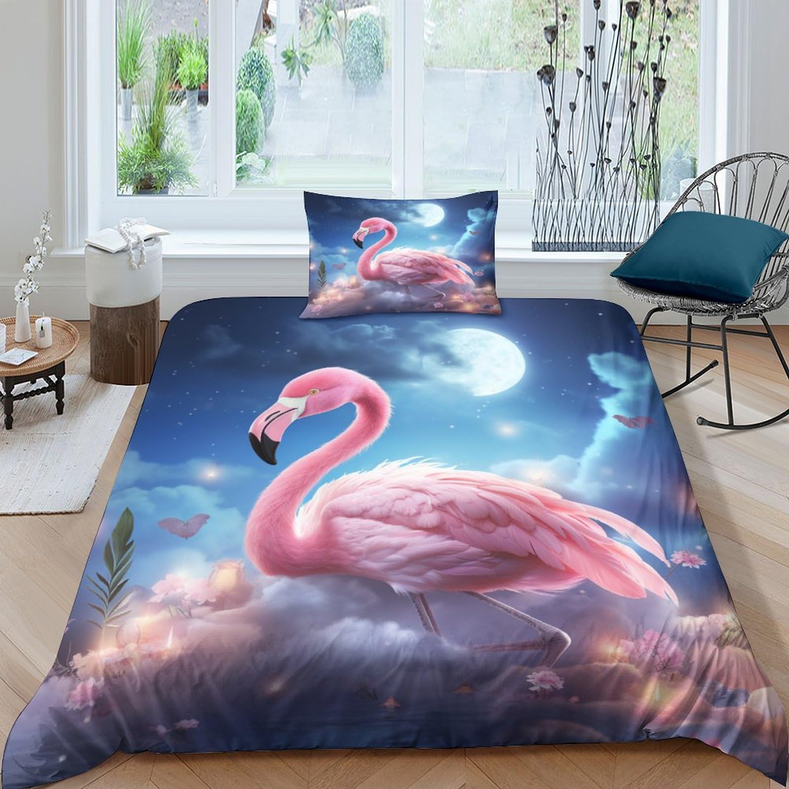 MEFESE Pink Flamingo 2 Piece Microfiber Duvet Cover Bedding Sets Pattern Flamingo Print Comforter Cover Theme Bedding with Zipper Ties Soft Luxury Quilt Cover for Adult Boys Men Single（135x200cm）